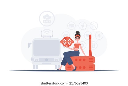 Internet of things concept. A woman holds the internet of things logo in her hands. Router and server. Good for presentations and websites. Trendy flat style. Vector illustration.