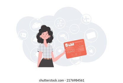 Internet of Things Concept. A woman holds a panel with analyzers and indicators in her hands. Good for websites and presentations. Trendy flat style. Vector.