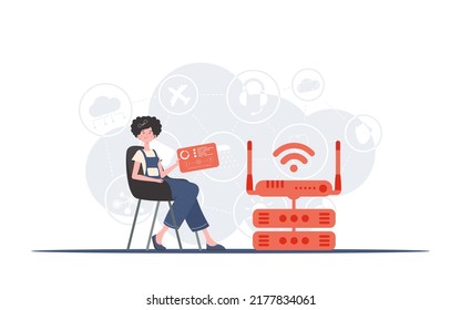 Internet of things concept. A woman sits in a chair and holds a panel with analyzers and indicators in her hands. Good for websites and presentations. Trendy flat style. Vector.