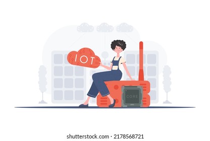 Internet of things concept. A woman sits on a router and holds the internet of things logo in her hands. Trendy flat style. Vector.