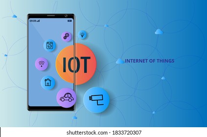 Internet of things concept(IOT). symbol connected with icons of typical IoT.  user connecting interconnecting with everyday objects on a network. Vector illustration. blue Background