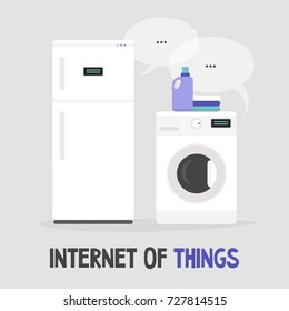 Internet of things, conceptual illustration. A data exchange between the refrigerator and the washing machine / flat editable vector illustration, clip art