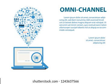 Internet de las cosas conceptuales. Canales Omni sobre fondo blanco. Compras en línea en el sitio web con ordenador portátil e icono de paso después de compras, pagos, notificaciones, envío y análisis de grandes datos