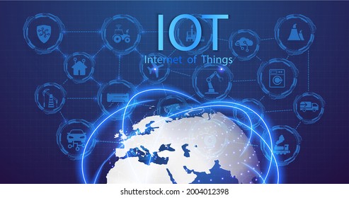 Internet of things connected background. landing page IoT. Devices and connectivity concepts on a network. A web of network connections of digital devices against the background of the earth. Vector