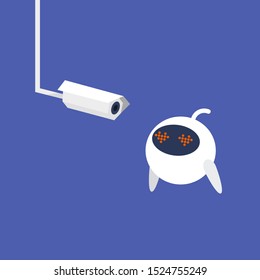 Internet of things, Cute white robot with heart shaped eyes staring at the CCTV camera.