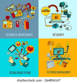 Internet Of Things Design Concept Set With Media Advertisement Security Healthcare Systems Energy Management Sketch Icons Isolated Vector Illustration