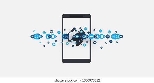 Concepto de diseño de Internet de las cosas con smartphone e iconos - Conexiones de red digital, fondo tecnológico 