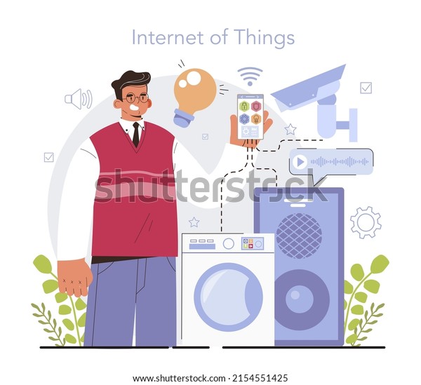 Internet\
of things development. Idea of smart wireless electronics.\
Connection between devices and house appliances. Modern global\
technology developer. Flat vector\
illustration