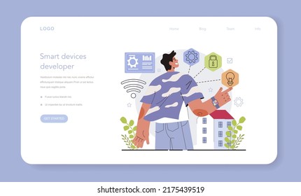 Internet of things development web banner or landing page. Smart wireless electronics. Connection between devices and house appliances. Modern global technology developer. Flat vector illustration