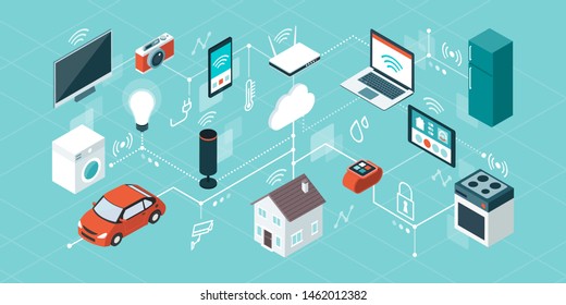 Internet of things, domotics and smart home innovations, isometric network of connected devices and appliances