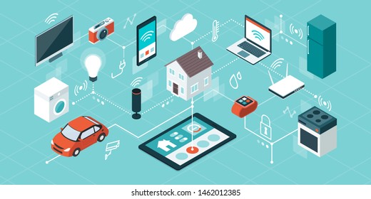 Internet of things, domotics and smart home innovations, isometric network of connected devices and appliances