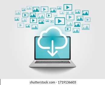 Internet of Things, Download Sign on Notebook's Screen Design Concept with Photo and Video Icons - Digital Network Connections, Technology Illustration Vector Background