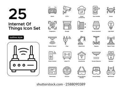 Internet of Things Ecosystem. Cloud Solutions, IoT Devices, and Connectivity. Vector Illustration. Outline icon set