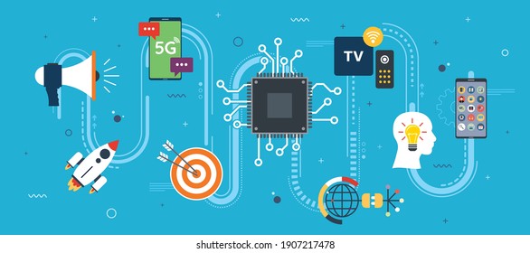 Internet Of Things And Edge Computing. High Speed And 5G Connection. Data Analysis And Management. Icon Design In Vector Of Rocket, TV, Chip, Megaphone, Target In Blue Background.