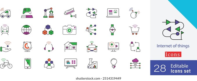 Internet de coisas editável colorido conjunto de ícones de traçado. contendo wi-fi, gerenciamento remoto, pesquisa, pessoas, processo, internet, dispositivos conectados, casa inteligente e mais traçado