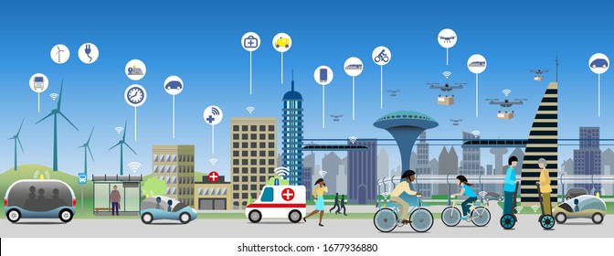 Internet of things, enabled by 5G technology, use case in public transport environment.  Sustainable electrictity used by driverless vehicles and buses. Drones for fast deliveries. 