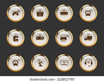 internet of things gold-rimmed vector icons on dark background. iot icons in gold frame for web, mobile and ui design