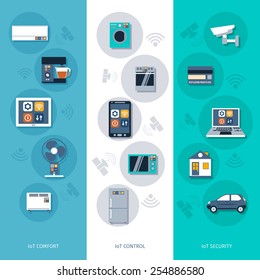 Internet of things heating light air conditioning remote control vertical banners set flat abstract isolated vector illustration