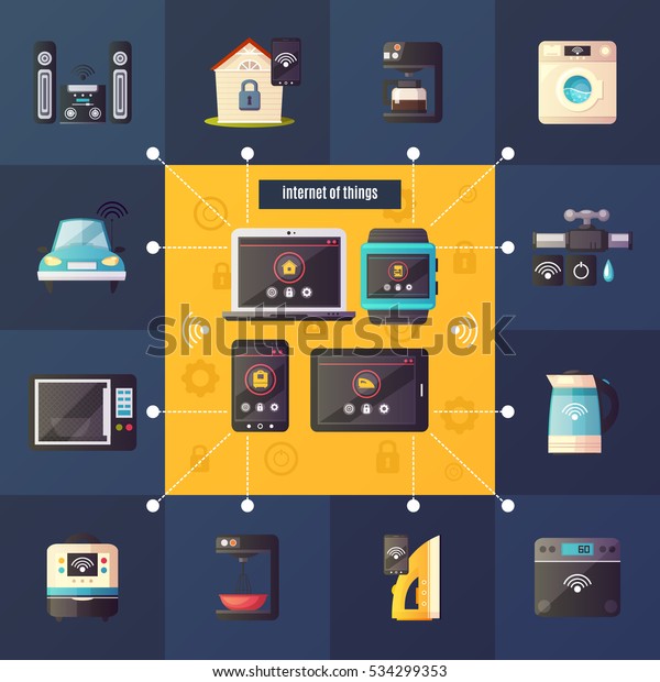 Internet of things home automation system\
iot retro cartoon composition poster with household appliances dark\
background vector illustration\
