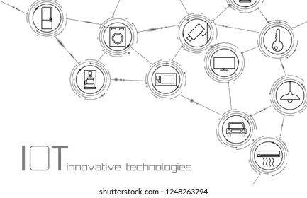 Internet of things icon innovation technology concept. Smart city wireless communication network IOT ICT. Home intelligent system automation Industry 4.0 modern AI computer online vector illustration