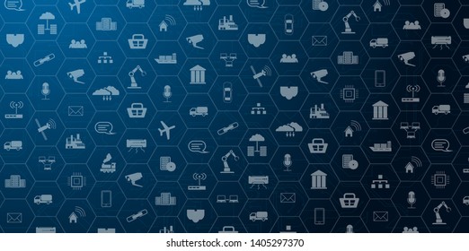 Internet of things icon innovation technology concept. Smart city wireless communication network IoT, ICT.  Spider web of network connections with on a futuristic blue background
