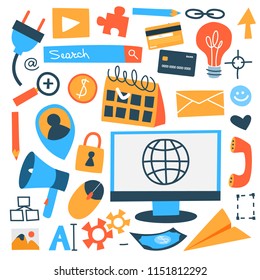 Internet of things icon set. Beautiful stickerpack with computer, calendar, megaphone and others. Idea of modern digital technology and virtual reality. Abstract flat vector illustration