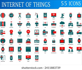 Internet of things icon set. Containing web, iot, radio, smart city, satelite, smart tv, smart home, cloud, wifi, robot, door lock, smart home, wireless charge and gps. Color syle collection