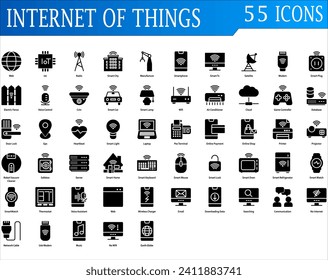 Internet of things icon set. Containing web, iot, radio, smart city, satelite, smart tv, smart home, cloud, wifi, robot, door lock, smart home, wireless charge and gps. Solid syle collection