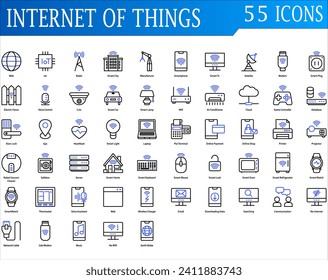 Internet of things icon set. Containing web, iot, radio, smart city, satelite, smart tv, smart home, cloud, wifi, robot, door lock, smart home, wireless charge and gps. color outline syle collection