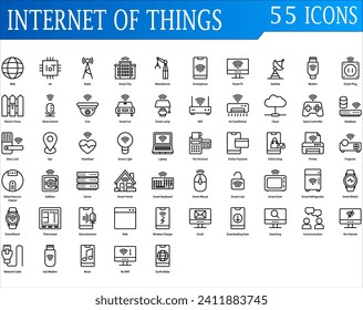 Juego de iconos de Internet de cosas. Contienen web, iot, radio, ciudad inteligente, satelite, tv inteligente, hogar inteligente, nube, wifi, robot, cerradura de puerta, hogar inteligente, carga inalámbrica y gps. colección de estilos de esquema