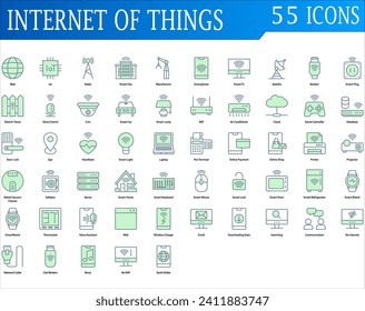 Internet of things icon set. Containing web, iot, radio, smart city, satelite, smart tv, smart home, cloud, wifi, robot, door lock, smart home, wireless charge and gps. Color lineal syle collection