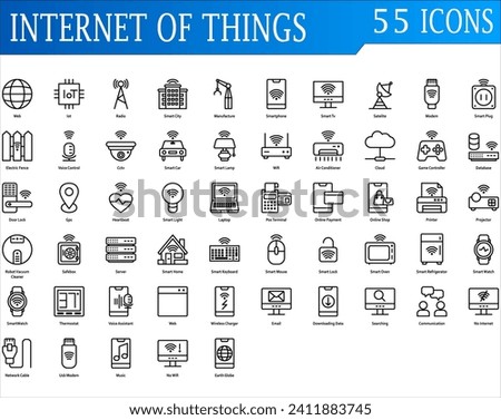 Internet of things icon set. Containing web, iot, radio, smart city, satelite, smart tv, smart home, cloud, wifi, robot, door lock, smart home, wireless charge and gps. outline syle collection