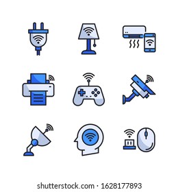 Internet Of Things icon set (Filled Line) = smart plug, lamp table, air conditioner, printer, joystick, cctv, antenna, head, mouse wireless