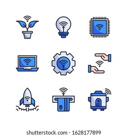 Internet Of Things icon set (Filled Line) = smart farm, smart lamp, cpu, laptop, setting internet, wifi, rocket, atm, rice cooker