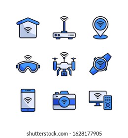 Internet Of Things icon set (Filled Line) = smart home, router, pin, goggles, drone camera, smart watch, smartphone, camera, smart tv