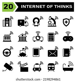 Internet der Dinge Symbol Set umfassen Krankenhaus, Klinik, Internet der Dinge, Krankenwagen, Auto, Tomographie, Mikroskop, Virus, Schild, Schutz, Röhre, Test, Gebäude, Bank, Projektor, Taschenrechner, Konsole