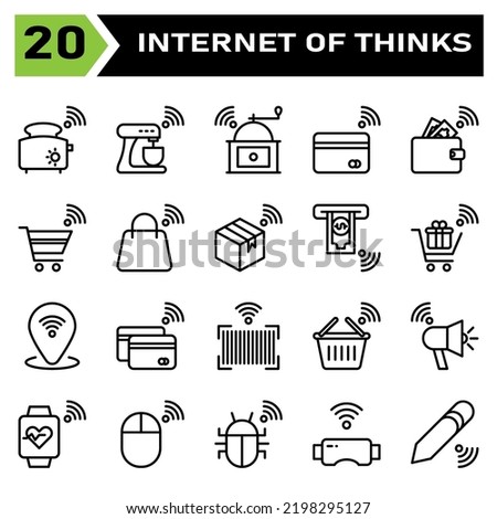 Internet of things icon set include toaster, bread, internet of things, mixer, grinder, coffee, credit card, payment, wallet, money, trolley, cart, bag, box, package, buy, gift, pin, location,bar code