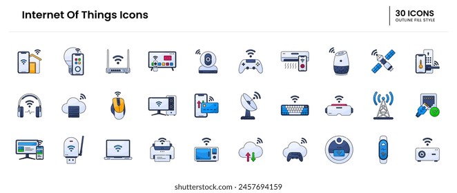 internet of things icon set. iot, technology, internet, things, digital, network, computer, smart, concept, data, business, communication. Vector outline fill icon illustration