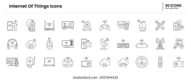 conjunto de iconos de internet de las cosas. iot, tecnología, internet, cosas, digital, red, ordenador, inteligente, concepto, datos, negocios, comunicación. Ilustración del icono de contorno de Vector