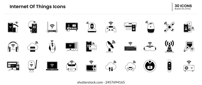 internet of things icon set. iot, technology, internet, things, digital, network, computer, smart, concept, data, business, communication. Vector black fill icon illustration