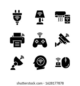 Internet Of Things icon set = smart plug, lamp table, air conditioner, printer, joystick, cctv, antenna, head, mouse wireless