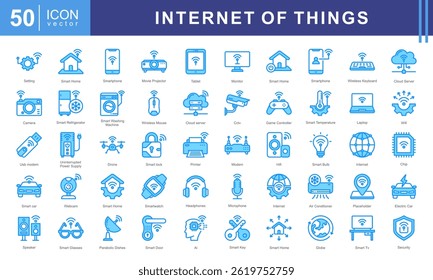 Internet of Things icon set such as wi fi, smart car, electronics, cloud computing, surveillance, smart building, smart energy. This modern and versatile collection is perfect for illustrating IoT.