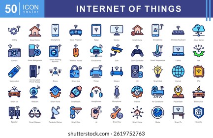 Internet of Things icon set such as wi fi, smart car, electronics, cloud computing, surveillance, smart building, smart energy. This modern and versatile collection is perfect for illustrating IoT.