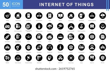 Conjunto de iconos de Internet de las cosas como wi fi, coche inteligente, electrónica, computación en la nube, vigilancia, edificio inteligente, energía inteligente. Esta colección moderna y versátil es perfecta para ilustrar IoT.