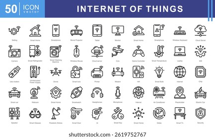 Internet das coisas conjunto de ícones como wi fi, carro inteligente, eletrônica, computação em nuvem, vigilância, construção inteligente, energia inteligente. Esta coleção moderna e versátil é perfeita para ilustrar a IoT.