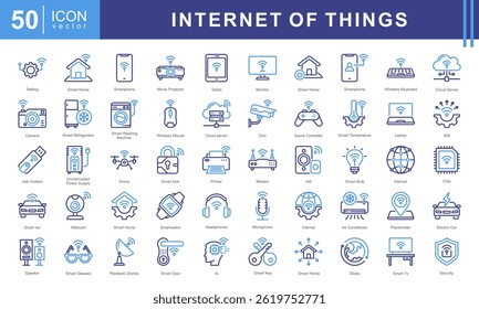 Internet of Things icon set such as wi fi, smart car, electronics, cloud computing, surveillance, smart building, smart energy. This modern and versatile collection is perfect for illustrating IoT.