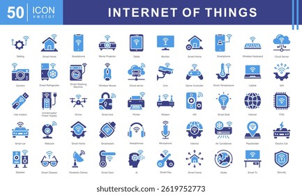 Internet of Things icon set such as wi fi, smart car, electronics, cloud computing, surveillance, smart building, smart energy. This modern and versatile collection is perfect for illustrating IoT.