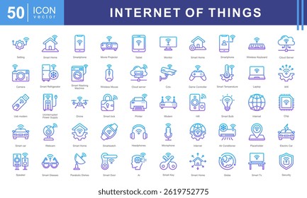 Internet of Things icon set such as wi fi, smart car, electronics, cloud computing, surveillance, smart building, smart energy. This modern and versatile collection is perfect for illustrating IoT.