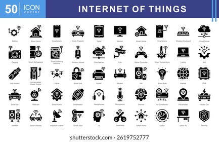Internet of Things icon set such as wi fi, smart car, electronics, cloud computing, surveillance, smart building, smart energy. This modern and versatile collection is perfect for illustrating IoT.