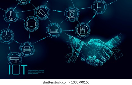 Internet of things icon work handshake concept. Smart city wireless communication network IOT ICT. Home intelligent system automation computer online vector illustration